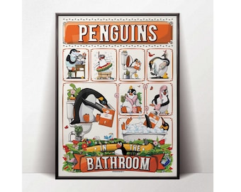 Cartel de pingüinos en el baño, cartel divertido del baño con humor de baño