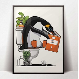 May include: A cartoon penguin wearing a black and white tuxedo sits on a white toilet, reading a book titled "Using Toilets". A small potted plant is on the floor next to the toilet.
