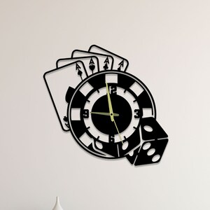 May include: Black wall clock with a poker chip design, featuring playing cards and a die. The clock hands are a contrasting color. The clock is mounted on a white wall.
