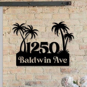 Número personalizado de la casa de la palmera, letrero de pared de metal del número de la casa de la palmera, letrero de dirección de la casa al aire libre de la palmera, metal de la dirección de la casa del árbol