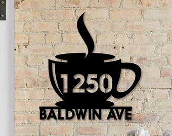 Número de casa de taza de café personalizado, letrero de pared de metal con número de casa de café, decoración de letrero de dirección de casa al aire libre de taza de café, letrero de dirección de casa de café