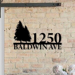 Número de casa de pino personalizado, letrero de pared de metal con número de casa de pino, decoración de dirección de casa al aire libre con bosque de pinos, letrero de dirección de casa de pino