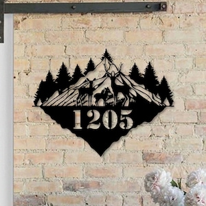 Numero civico personalizzato in montagna, targa in metallo con numero di casa del cervo, decorazione per l'indirizzo della casa all'aperto nella foresta, targa per l'indirizzo della casa degli animali
