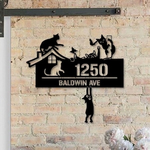Personalisierte Katzen Hausnummer, niedliche Katze Hausnummer Metall Wandschild, Katze Tier Outdoor Hausadresse Dekor, Katze Haustier Hausadresse Zeichen