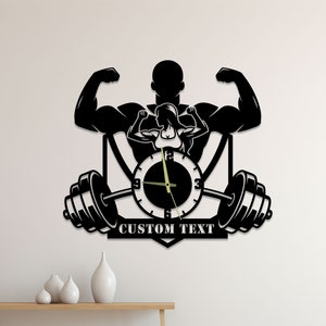 Bodybuilding Wall Clock Unique, Gym Fitness Round Wall Clock, Weightlifting Oversize Wall Clock, Barbell Circle Wall Clock, Metal Wall Clock