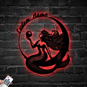 Personalized Mermaid On The Moon Metal Sign, Mermaid Metal Light, Mermaid Name Led Light, Mermaid Led Sign, Mermaid House Metal Wall Art