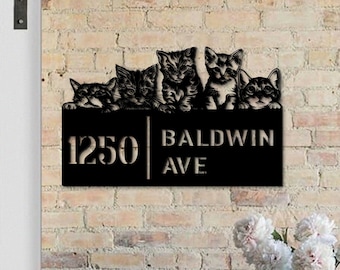 Personalized Peeking Cat House Number, Cute Cat Home Number Metal Wall Sign, Cat Pet Outdoor House Address Sign Decor, Cat Home Address Sign