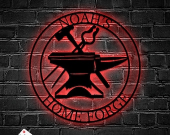 May include: A red illuminated metal sign with the text "Noah's Home Forge" in a circle. The sign features a black silhouette of an anvil with a hammer and tongs crossed over it.