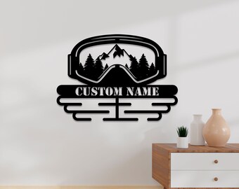 Custom Ski Goggles Name Medal Hanger Metal Wall Art LED Light, Forest Mountain Metal Sign, Sport Metal Holder Light, Home Metal Wall Decor
