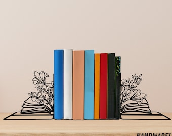 Custom Book Flower Metal Bookends, Floral Book Name Bookend, Read Book Table Decor, Bookshelf Decor, Book Lover Gift, Back To School Gift