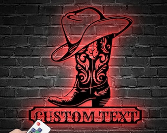 Custom Cowboy Hat Boots Metal Wall Art LED Light - Personalized Western Horse Shoes Name Sign Home Decor, Country Living Decor - Man Cave