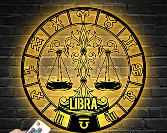Luz LED personalizada del arte de la pared del metal de la constelación del símbolo del zodiaco de Libra - signo personalizado del nombre del horóscopo decoración del hogar - mejor para el regalo