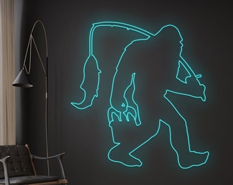 Bigfoot Fishing Neon Sign, Sasquatch Catch Fish Neon Light, Yeti Monster Led Light, Custom Sasquatch Silhouette Led Sign,Big Foot Wall Decor