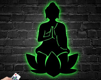 Benutzerdefinierte Yoga Buddha auf einem Lotus Metallwandkunst LED-Licht, buddhistische Namaste Zeichen Wohnkultur, Buddha Metallschild, bestes Geschenk und Raumwanddekor