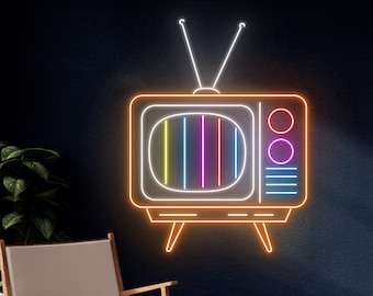 Retro-TV-Neon-Schild, Retro-TV-Gerät-LED-Schild, altes TV-LED-Licht, Filmstreifen-Szene TV-Neonlicht, abstraktes analoges TV-Wand-Raum-Dekor