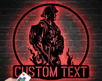 Custom Fire Fighter Metal Wall Art LED Light - Personalized Fireman Name Sign Decor - Fire Fighter Metal Sign- Perfect Gift - Man Cave Decor