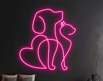 May include: Pink neon sign depicting a dog and cat with hearts, a popular design for pet lovers.