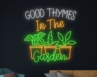 Good Thymes In The Garden Neon Light, Thymes Garden Led Light, Green Plant Pot Neon Sign, Eco Leaf Led Sign, Nature Leaves Room Wall Decor