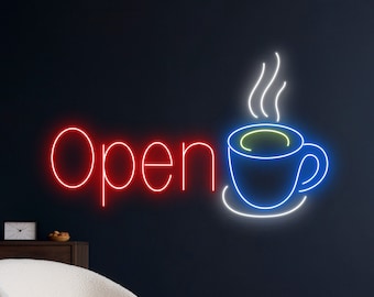May include: Red neon sign that says "Open" with a blue neon cup of coffee with steam rising above it.