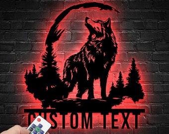 Personalized Wolf Metal Wall Art LED Light, Custom Wolf Metal Sign Room Decor, Wolf Led Sign, Wild Life Metal Light,Nature Forest Metal Sign
