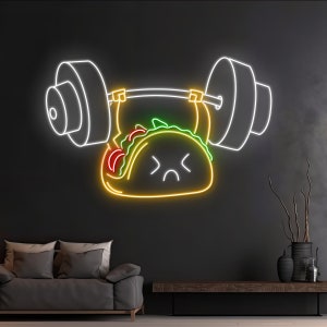 Tacos personalizados levantam o sinal de néon de peso, letreiro LED com halteres de tacos, luz de néon Barbell Taco, luz de comida do México para levantamento de peso, decoração de restaurante