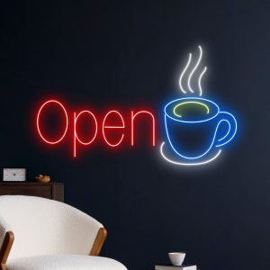 Open Coffee Neon Sign, Coffee Cup Neon Light, Cafe LED Light, Tea Cup Led Sign, Drink Shop Store Wall Art Room Decor, Open Coffee Neon Light