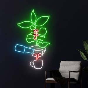 Coffee Tree Coffee Machine Neon Sign, Coffee Cup Neon Light, Cafe LED Light, Drinking Coffee Led Sign, Drink Shop Store Wall Art Room Decor
