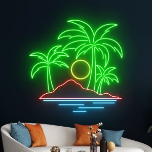 Sun Ocean Waves Palm Tree Neon Sign, Beach Mountain Led Sign, Holiday Led Light, Tropical Sea Island Led Sign, Pool Party Room Wall Decor