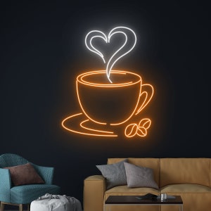 Heart Coffee Cup Neon Sign, Love Tea Cup Neon Light, Drink LED Light, Cafe Led Sign, Coffee Shop Wall Room Decor, Coffee Beans Neon Light