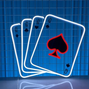 Sinal de néon de cartas de pôquer, luz de led de cartas de jogar, luz de néon de jogador de cartas, sinal de led de cartas de jogo, decoração de parede de sala de cassino, luz de néon de zona de jogo