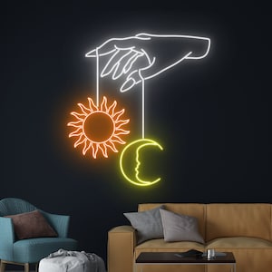 Sun Moon Hand Neon Light, Sun Moon Girl Hand Led Light, Lady Nail Moon Sun Neon Sign, Woman Hand Sun Led Sign,Universe Space Room Wall Decor