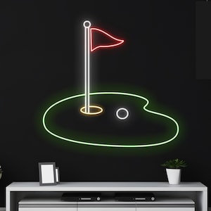 Sinal de néon de mini golfe personalizado, luz LED de campo de grama verde de golfe personalizada, sinal de LED de campo de golfe, luz de néon de bola de buraco de bandeira de golfe, decoração de quarto de golfista