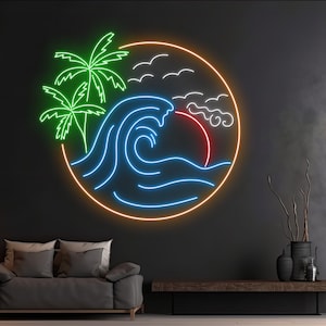 Custom Sun Ocean Waves Palm Tree Neon Sign, Beach Vacation Led Sign, Beach Holiday Led Light, Tropical Sea Island Led Sign, Pool Party Decor