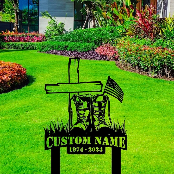 Custom Outdoor USA Veteran Boot Dog Tag Metal Sign With Stake - Personalized Boot Metal Name Sign With Stake - Boot Metal Stake Sign Art