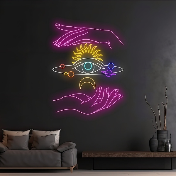 Custom Magic Hands Eye Neon Sign, Galaxy Hands Eye LED Sign, Universe Hands Eye Neon Light, Sun Moon Planet Evil Eye Hand Led Lighting Decor