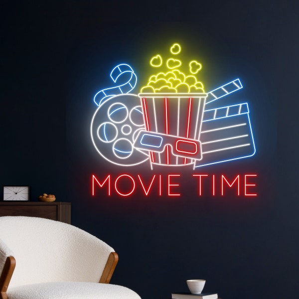 Enseigne néon Movie Time, Néon pop-corn, Néon de cinéma, Lampe LED pop-corn pour film, Décoration murale de salle de cinéma, Lampe néon pour lunettes de réalité virtuelle