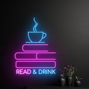 Lesen & Trinken Leuchtreklame, Lesebuch trinken Teetasse Neonlicht, Bücherwurm LED-Licht, Bücherwurm Led-Schild, Café Wandkunst Zimmer Dekor, Buch Cafe