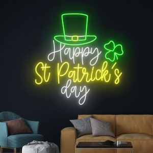 Feliz Día de San Patricio Sombrero Shamrock Letrero de Neón, Luz de Neón Shamrock, Luz Led de Trébol de 3 Hojas, Letrero Led de San Patricio, Decoración de Pared de Sala de Vacaciones