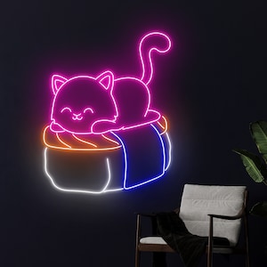 Sushi Cat Neon Sign, Japanese Food LED Sign, Cat Sushi Neon Light, Japan Restaurant LED Light, Rice Rolls Room Wall Decor, Sushi Neon Sign