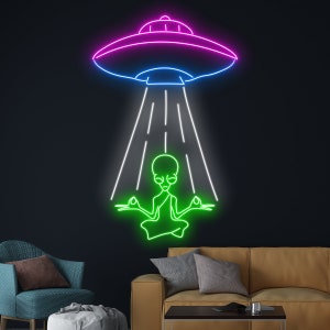 UFO Abduction Alien Neon Sign, UFO Alien Led Sign, Alien Cow UFO Neon Light, Alien Ufo Dairy Cow Led Light Room Wall Art Decor