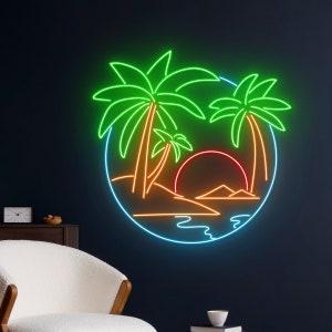 Palm Tree Sun Neon Sign, Palm Tree Beach Led Sign, Sea Ocean Led Light, Tropical Island Led Sign, Pool Party Wall Room Decor, Sand Neon Sign