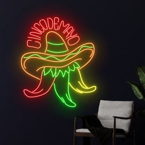 Letrero de neón del Cinco de Mayo, luz de neón de sombrero sombrero chili, luz led de sombrero chili, letrero led del festival mexicano, decoración de pared de la sala de fiesta de México