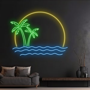 Custom Sun Ocean Waves Palm Tree Neon Sign, Beach Vacation Led Sign, Beach Holiday Led Light, Tropical Sea Island Led Sign, Pool Party Decor