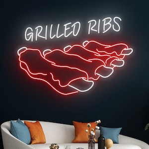 Gegrilde ribben neonlicht, gegrilde ribben neon teken, vlees led licht, grill led teken, BBQ kamer wand decor, barbecue restaurant neon licht