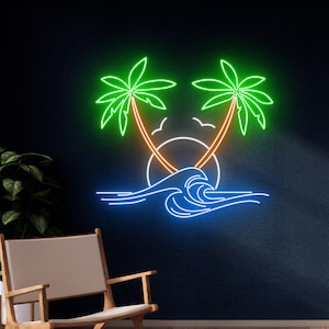 Sun Ocean Waves Palm Tree Neon Sign, Beach Led Sign, Holiday Led Light, Tropical Sea Island Led Sign, Pool Party Room Wall Decor, Best Gift