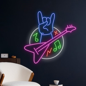 Rock Music Led Sign, Rock N Roll Neon Light, Electric Guitar Neon Sign, Music Instrument Led Light, Rock Hand Led Sign, Guitarist Room Decor