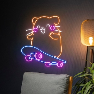 Hamster Skateboarding Neon Sign, Skateboard Hamster Led Sign, Mouse Skateboarder Led Light, Rat Skateboard Player Neon Light Room Wall Decor