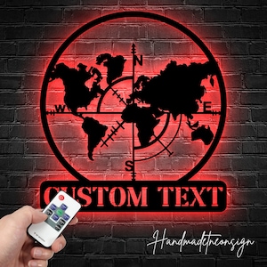 Aangepaste wereldkaart metalen bord - gepersonaliseerde wereldkaart metalen LED-licht - wereldkaart metalen naambord - wereldkaart metalen decor - beste cadeau