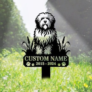 Custom Old English Sheepdog Memorial Stake Metal Sign - Outdoor Sheepdog Metal Name Sign With Stake - Dog Pet Metal Stake Sign Art Decor