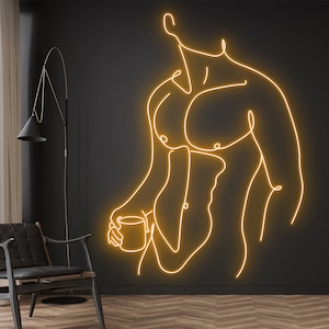 Man Drinking Coffee Neon Sign, Naked Man Neon Light, Man Line Led Light, Custom Sexy Man Body Neon Sign, Bedroom Gym Neon Sign, Man&#39;s Muscle